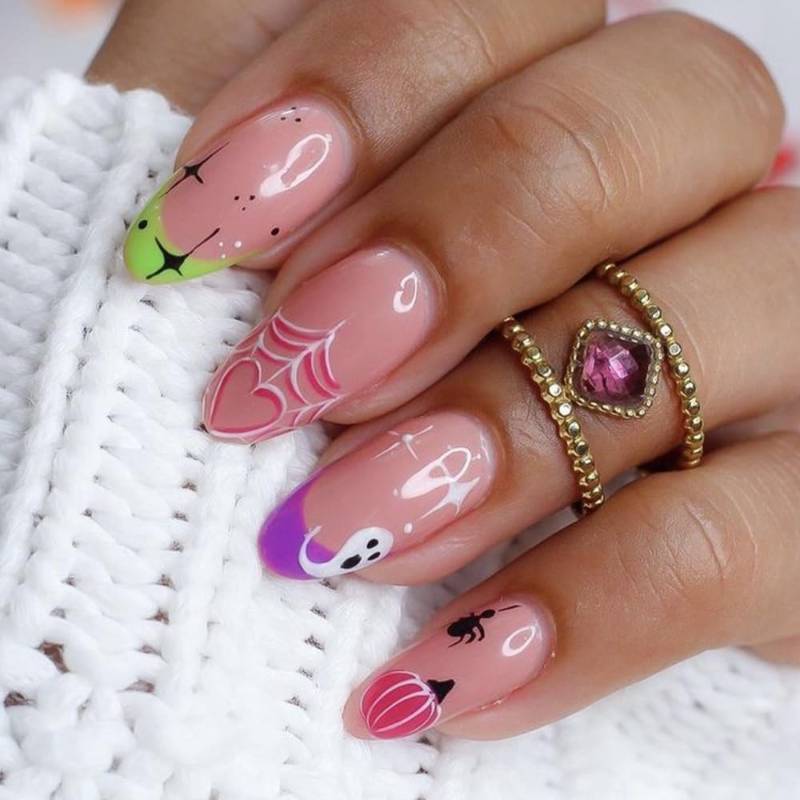 lot 64022 image: Halloween Press on Nails Medium Almond Fake Nails Cute Pumpkin Ghost Spider Web Acrylic Nails French Tips False Nails with Designs Star Glue on Nails for Women Girls Nails Decoration 24Pcs