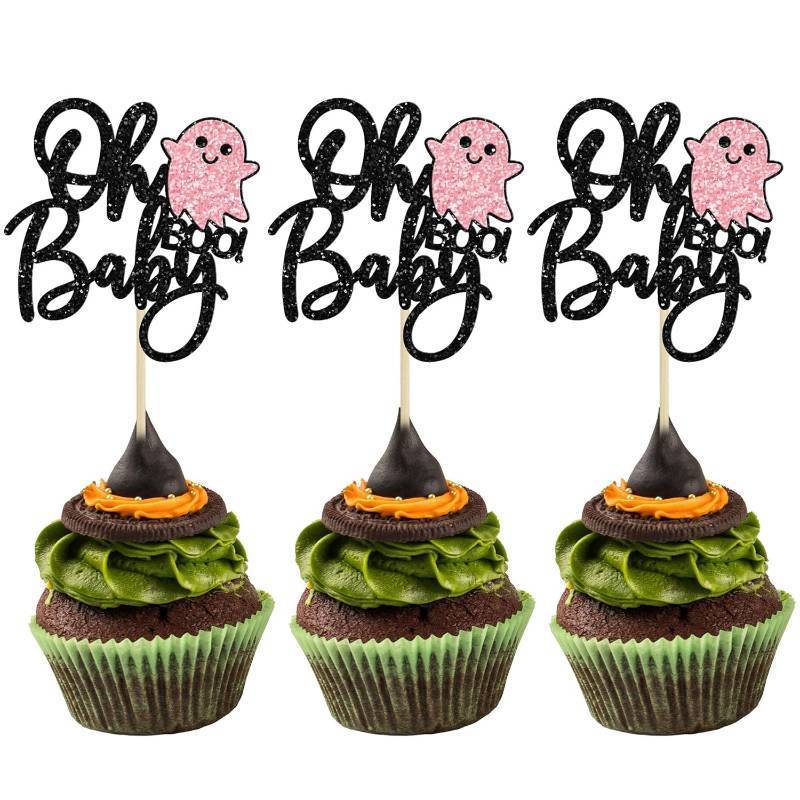 lot 64025 image: Gyufise 24Pcs Oh Baby Halloween Cupcake Toppers Black Glitter Ghost Cupcake Picks for Baby Shower Birthday Happy Halloween Theme Party Cupcake Decoration Supplies