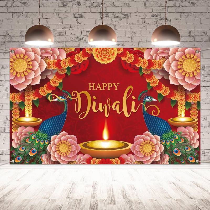 lot 64027 image: Diwali Backdrop & Banner - Peacock Diya Decor for Home