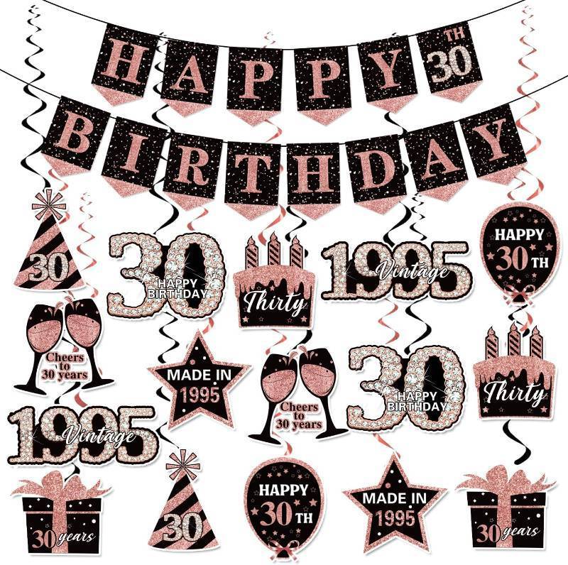 lot 64031 image: KORHONEN 30th Birthday Decorations for Her Women, Pink Black 30th Happy Birthday Banner and Hanging Swirls, 30th Birthday Party Decor