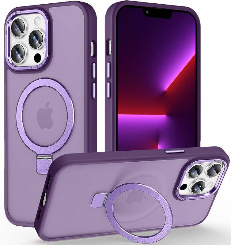 lot 64046 image: Magnetic for iPhone 13 Pro Case with Invisible Stand, 10 FT Drop Protection Velvety Touch Slim Translucent Matte Back Shockproof Phone Case for iPhone 13 Pro 6.1, Dark Purple