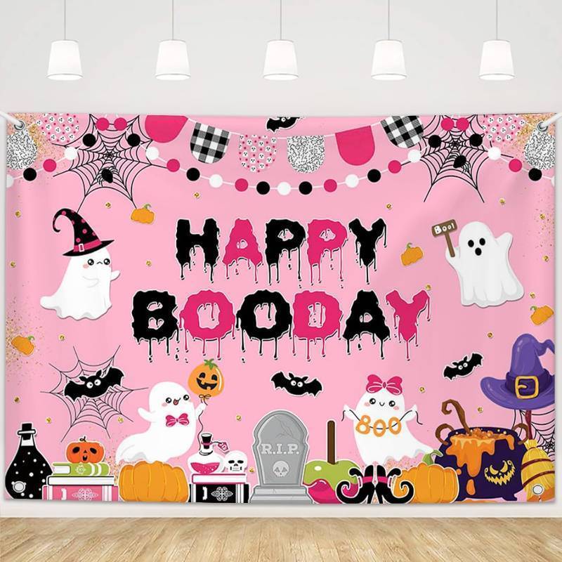 lot 65048 image: MEHOFOND 7x5ft Halloween Birthday Backdrop Pink Happy Boo Day Banner for Girls Cute Ghost Boo Happy Birthday Party Photography Background Banner Sign Photo Booth Props