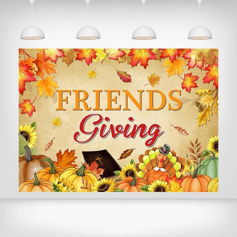 lot 65079 image: Friendsgiving Backdrop - 7x5ft Autumn Harvest Theme with Pumpkins and Leaves Thanksgiving Friends Gathering Banner Fall Celebration Decor Festive Seasonal Decoration
