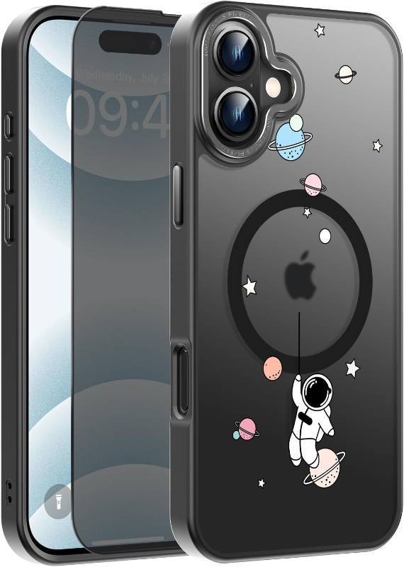 lot 65301 image: FUNMIKO for iPhone 17 Case with Privacy Screen Protector, Wireless Charging Compatible, Shockproof Translucent Matte Cover - Cute Floral Design Phone Case for Women Girls - Astronaut Spacewalk