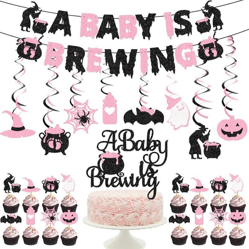 lot 65304 image: Halloween Baby Shower Decorations - Girl Pink & Black Glitter A Baby Is Brewing Banner & Decorations