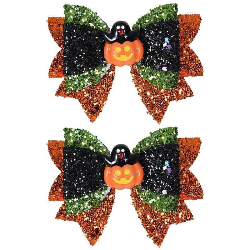 lot 65342 image: Halloween Hair Bow Clips 3.5 Inch Sparkly Glitter Pumpkin Hairpins Handmade Trick or Treat Hair Accessories for Teens Girls, BlackGreen&Orange