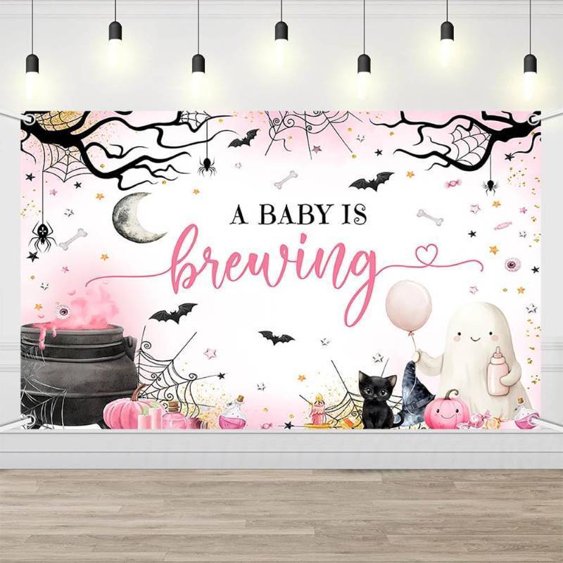lot 65387 image: AIBIIN Halloween Boo Baby Shower Backdrop Pink A Baby is Brewing Banner Halloween Spooky Baby Shower Party Decorations 70.8x43.4inch