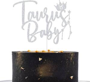 lot 64064 image: Taurus Baby Cake Topper, Big Taurus Energy, 12 Constellation Zodiac Baby ShowerBirthday Party Decoration Silver Glitter