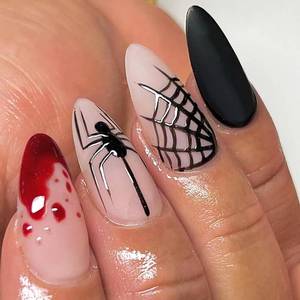 lot 64074 image: Halloween Press on Nails, Medium Almond Fake Nails with Spider & Spider Web Design, Blood Drop Acrylic Nails, Full Cover Glossy False Nails, Stick on Nails for Women and Girls, 24 Pieces