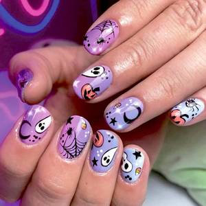 lot 64080 image: Press on Nails Short Fake Nails Purple Glue on Nails Ghost Artificial Nails Acrylic Nails Stick on Nails Halloween Nails Press ons(Square,Short,Purple)