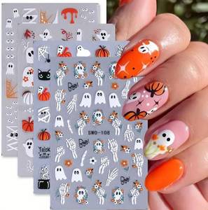 lot 64084 image: 4Pcs Halloween 5D Embossed Nail Stickers Cute Ghost Nail Decals Self-Adhesive Pumpkin Spider Web Flower Ghost Nail Design Cats Skeleton Hand Nails Decorations Halloween DIY Manicure Supplies for Women
