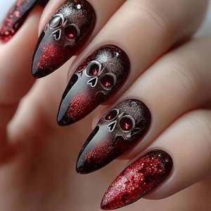 lot 64095 image: Halloween Press on Nails Medium Almond Stick on Nails with Horror, Bloody Skeleton Design Thrilling Atmosphere Fake Nails Reusable Full Cover Gothic Glue on Nails for Women Girls Manicure 24Pcs