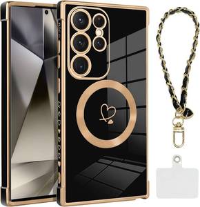 lot 64100 image: OOK Magnetic Phone Case for Samsung Galaxy S24 Ultra 6.8 Inch Wireless Charging Compatible Soft TPU Heart Design Shockproof Protection Electroplated Slim Case with Strap Lanyard - Black