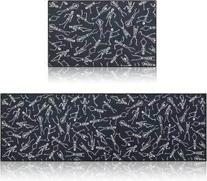 lot 64130 image: Mindsoft 2 Set of Halloween Kitchen Mat 20x60 and 20x30 Inch Black Dancing Skeleton Kitchen Rug Non-Slip Washable Rug for Halloween Home Decor