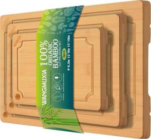 lot 64140 image: Durable Bamboo Cutting Boards for Kitchen   3-Piece Set with Deep Juice Grooves, Carbonized Surface & Heavy-Duty Design, Perfect for Charcuterie, Meat, and Vegetables
