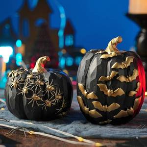 lot 64182 image: FESTGLOX Black Halloween Pumpkins with Bats and Spiders, 2Pcs Black and Gold Pumpkin Decor, Small Resin Decorative Pumpkin for Halloween Party Tabletop Decoration