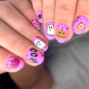lot 64194 image: Press on Nails Short Fake Nails Pumpkin Glue on Nails Ghost Halloween Nails Nail Press ons with Spider Web Acrylic Nails Square Artificial Nails for Women 24Pcs (Purple,Short,Square)