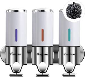 lot 64205 image: Shampoo and Conditioner Dispenser, Shower Soap Dispenser 3 Chamber No Drill for Shower Wall Mounted  White