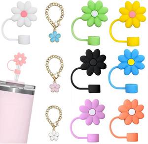lot 64229 image: 7pcs Cute Flower Straw Covers for Stanley Cup, Girly Straw Toppers with 3 Floral Charms, Dust-Proof 10mm Lids for 30oz & 40oz Tumblers