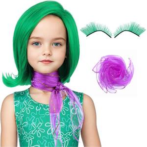 lot 64268 image: morvally Green Costume Wig with Scarf and False Eyelashes Short Green Wavy Wigs for Halloween Costume Emotion Anime Cosplay (Small Size)