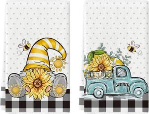 lot 64273 image: Artoid Mode Buffalo Plaid Gnome Bee Truck Sunflower Lemons Summer Kitchen Towels Dish Towels, 18x26 Inch Decoration Hand Towels Set of 2