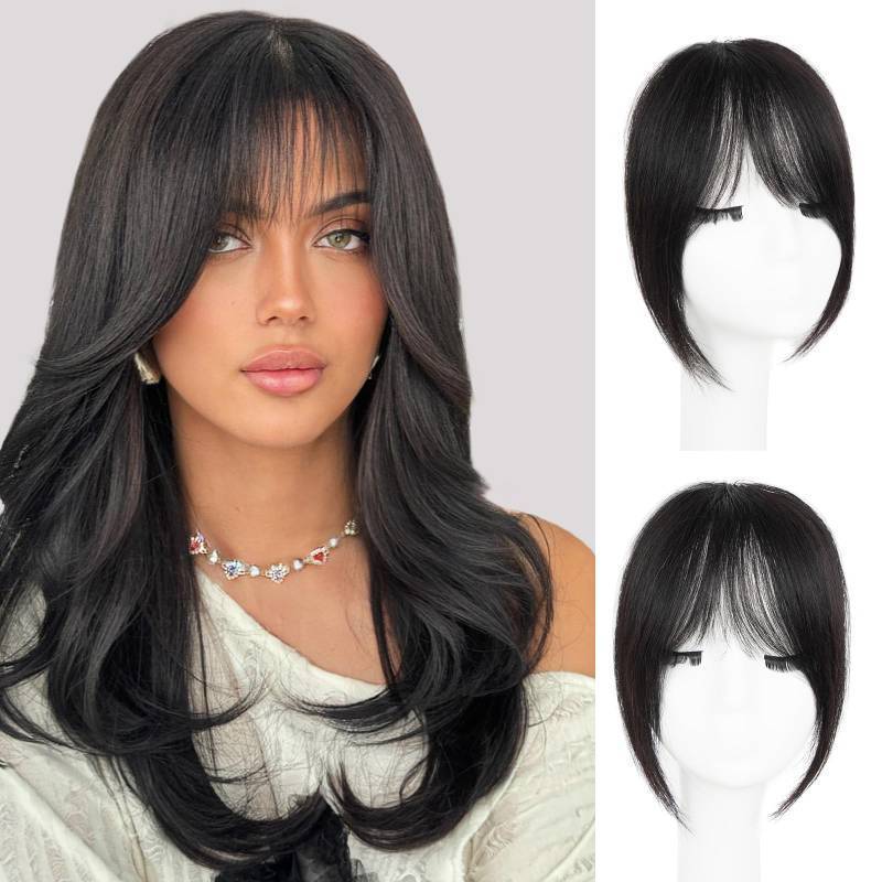 lot 45507 image: Clip in Bangs, 100% Real Human Hair Fake Bangs Natural Black Clip in Hair Extensions French Bangs Fringe with Temples Hairpieces for Women Natural Blend Curtain Bangs for Daily Wear - Retail $17