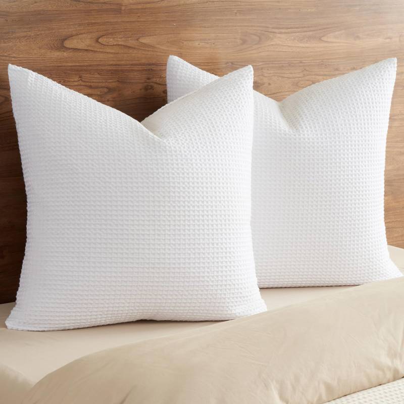 lot 45513 image: 100% Cotton Waffle Weave Throw Pillow Cover, 24 x 24, No Filling, 2 Pack Elegant Home Decorative Square Throw Pillow Covers for Bed Couch Sofa, White - Retail $28