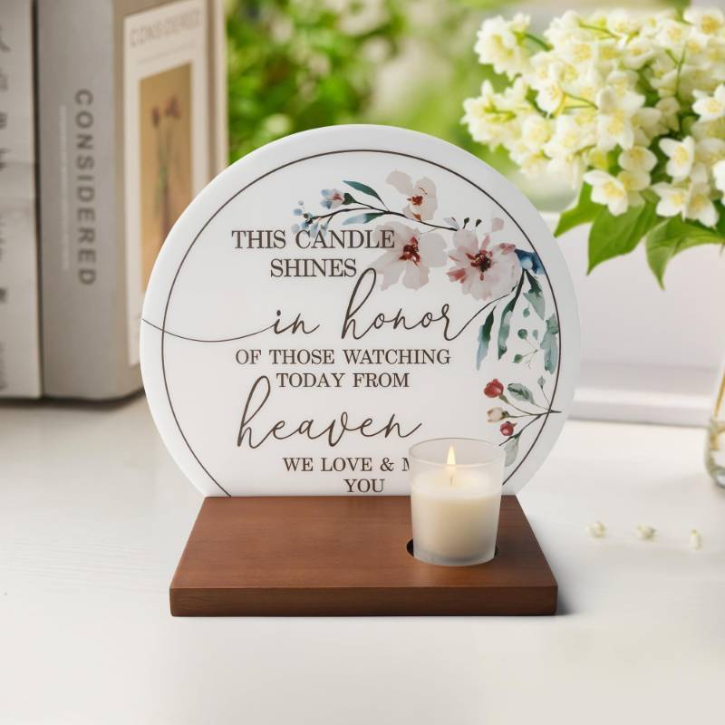 lot 45529 image: Memory Wedding Sign with Memorial Candle - Acrylic Wedding Signs with Wooden Stand, Wedding Memorial Table Sign for Loss of Loved One, Memorial Gifts, Unity Candles for Wedding Ceremony - Retail $21