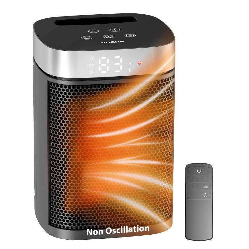 lot 45540 image: Small Portable Space Heater for Indoor Use - VOCRS 1500W PTC Electric Heater with Thermostat, Remote Control, 12H Timer, Eco and Fan Mode, Rapid and Safe Heating for Bedroom, Office - Retail $33