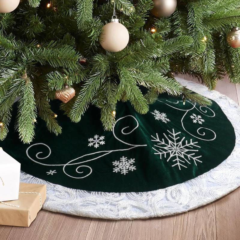 lot 45552 image: Christmas Tree Skirt, 32 Inch Green Velvet Tree Skirt with Embroidered Snowflakes Sequins White Trim Border, Holiday Party Tree Decoration - Retail $22