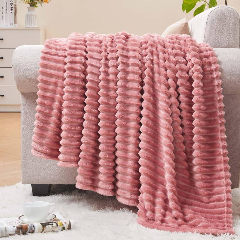 lot 45564 image: Fleece Blanket Twin Size 3D Ribbed Jacquard Soft and Warm Decorative Fuzzy Blankets Cozy, Fluffy, Plush Lightweight Throw Blankets for Couch, Bed, Sofa(Pink, 60x80 inches) - Retail $21