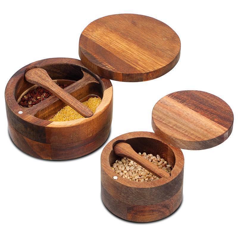 lot 45587 image: 2 Pcs Wood salt pepper bowls and Spice Cellar, Built-in Spoon, OneTwo Compartments Spice Seasoning Container, Sea Salt Cellar Holder, Magnetic Swivel Lid, Dual 6 oz Capacity, 6.5 oz - Retail $20