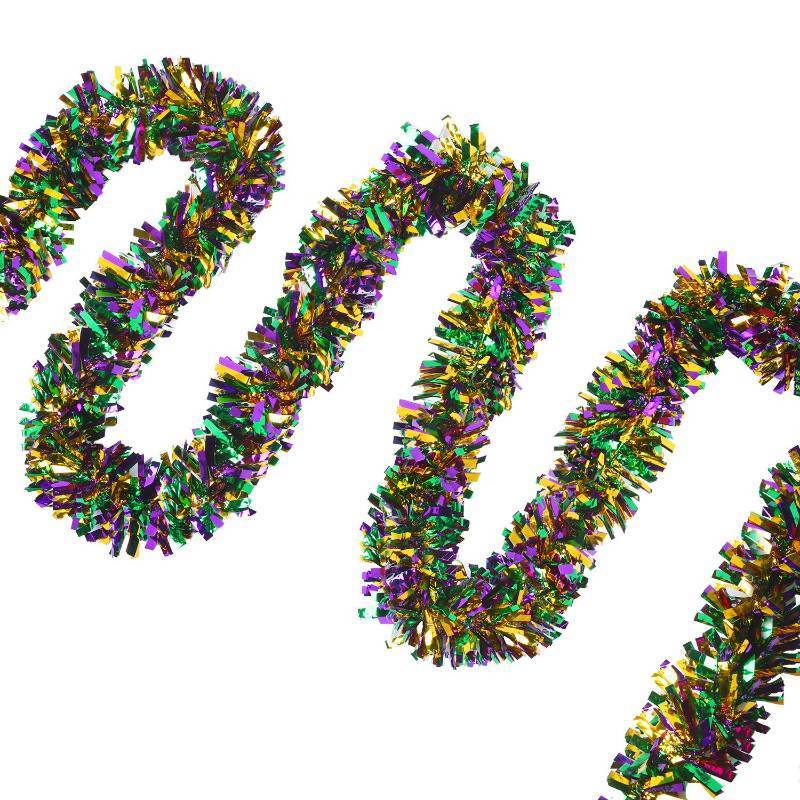 lot 45601 image: 3 Pieces 49 ft Mardi Gras Tinsel Garland Decorations Purple Green Gold Metallic Festooning Garland Glittering Sparkling for Mardi Gras Party Carnival Indoor Outdoor Hanging Decor New Year - Retail $10
