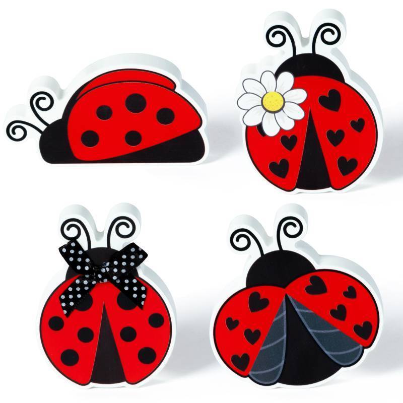 lot 45602 image: 4PCS Ladybug Tiered Tray Decor, Spring Summer Wooden Table Centerpiece Sign, Double-sided Ladybug Printed Wood Tabletop Sign, Ladybird Farmhouse Rustic Party Decoration for Holiday Home Kitchen - Retail $11