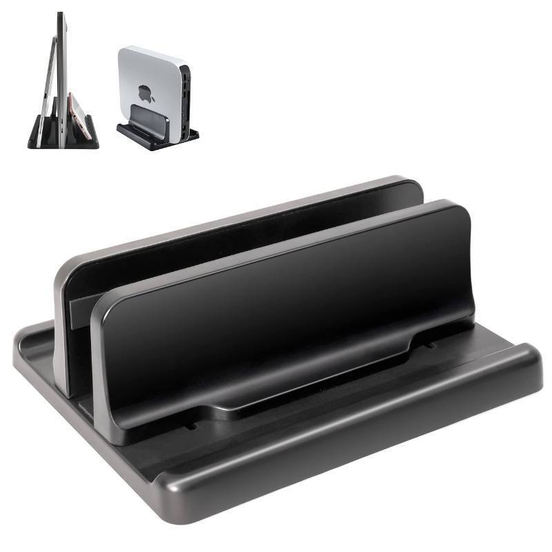 lot 45603 image: JIMEJV Vertical Laptop Stand New Version Two More Rubber Pads & Hex Key Storable Design ABS Plastic Adjustable Dock up to 15 inch PC Desk Space Saver for MacBookSurfaceiPadMini PC (Black) - Retail $20