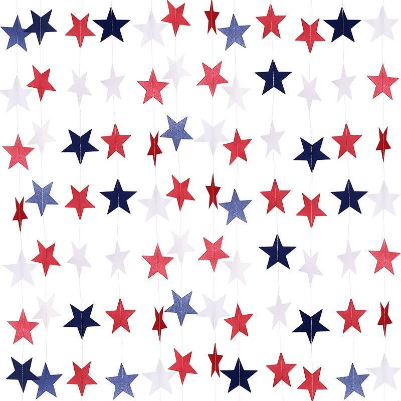 lot 45613 image: 8 Pack Total 52.5Ft Patriotic Star Streamers Banner Blue Red White Star Garland American Flag Decor for 4th of July, Memorial Day, Veterans Day, Independence Labor Celebration Decorations - Retail $8