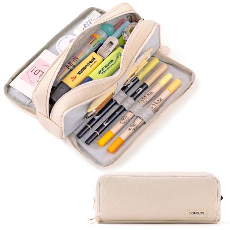 lot 45615 image: Large Capacity Pencil Case 3 Compartment Pouch Pen Bag for School Teen Girl Boy Men Women (Beige) - Retail $10