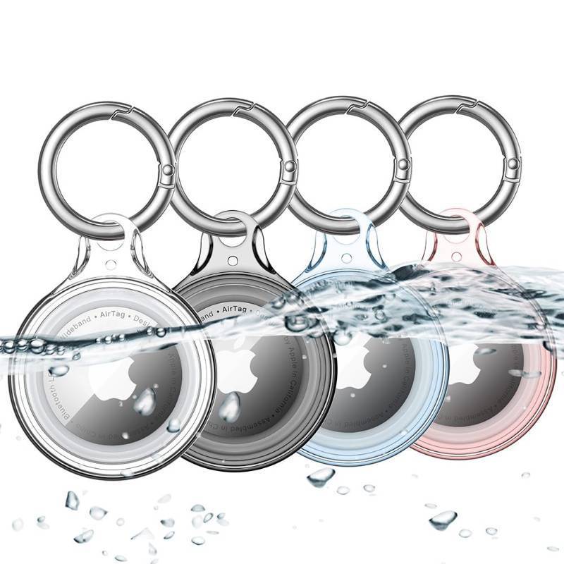 lot 45631 image: 4 Pack Airtag Holder IPX8 Waterproof for Apple Air Tags with Keychain, Hard PC Cover Anti-Scratch for Air-Tag Item Finder GPS Tracker Case Key Chain, ClearBlackBlueRed - Retail $16