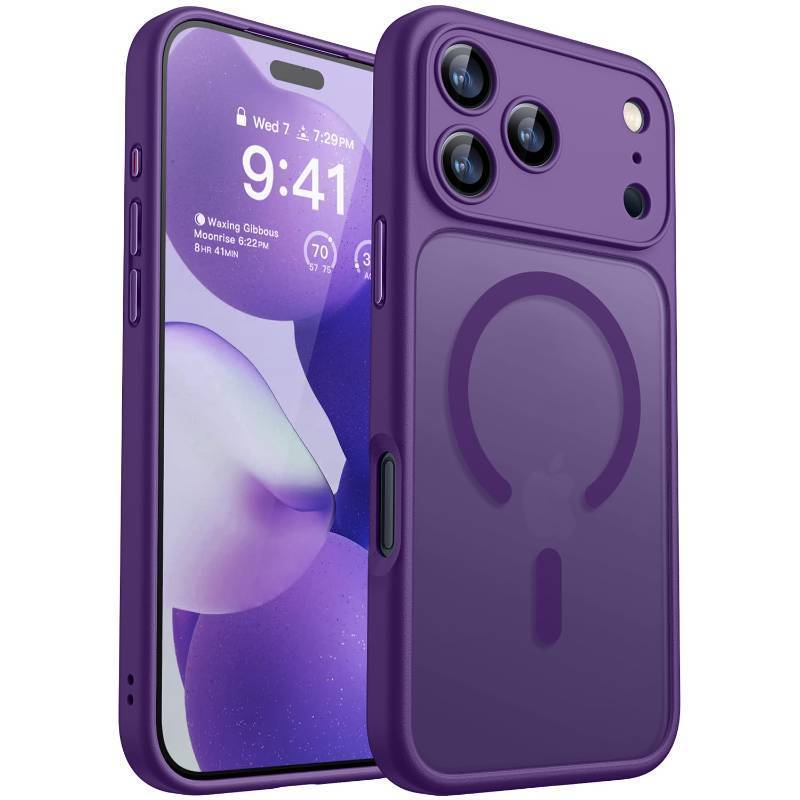 lot 45638 image: Magnetic Compatible with iPhone 17 Pro Case, Upgraded Full Camera Protection Compatible with Magsafe Translucent Matte Shockproof Protective Phone Cover 6.3 Inch - Deep Purple - Retail $20
