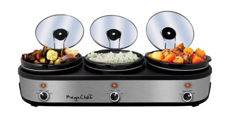 lot 45690 image: MegaChef Triple Slow Cooker Buffet Server with Warming Tray - Retail $115