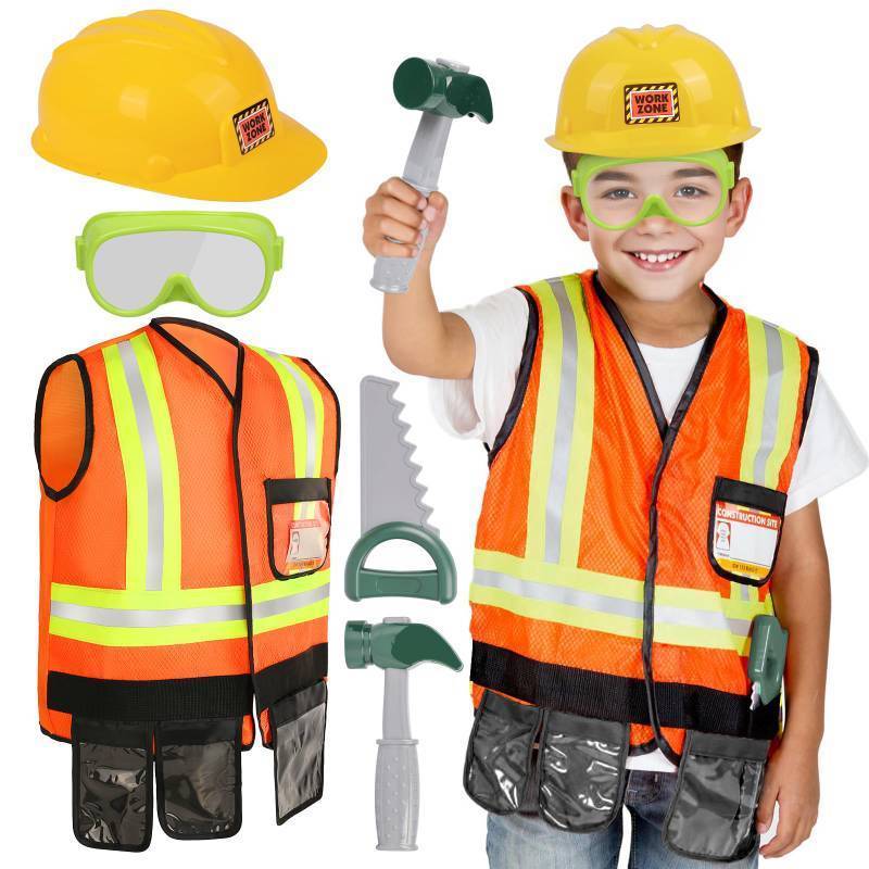 lot 36243 image: Kids Tool Set for Boys Girls 3-5 Years, Construction Worker Costume with Hat, Toddler Dress Up Toys for Birthday Gift (No vest) only hat, goggle and tools  - Retail $24