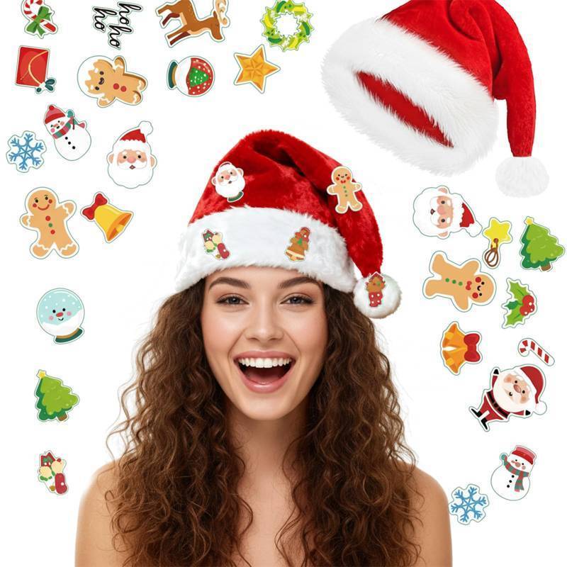 lot 36255 image: Santa Hat, Christmas Hat, Santa Hats Adult with 20 Diy Holiday Stickers for Xmas New Year Christmas Party (Classic Red Adult - Retail $7