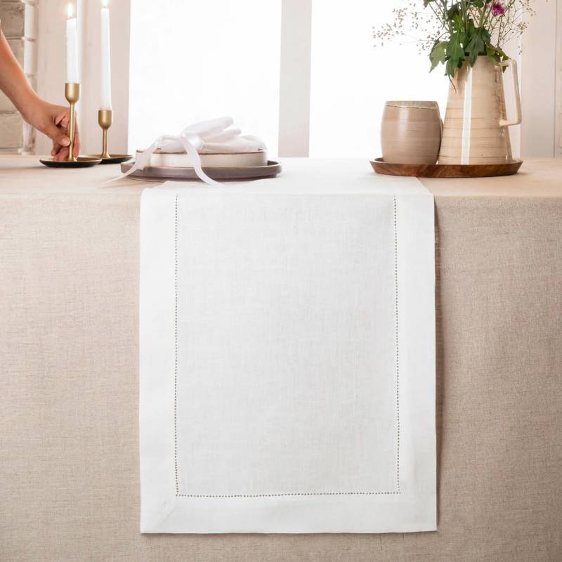lot 36269 image: Linen White Table Runner 90 Inches Long - Classic Hemstitch 100% Pure Linen White Dining Table Runner 14 x 90 Inch for Mothers Day, Spring - Retail $40
