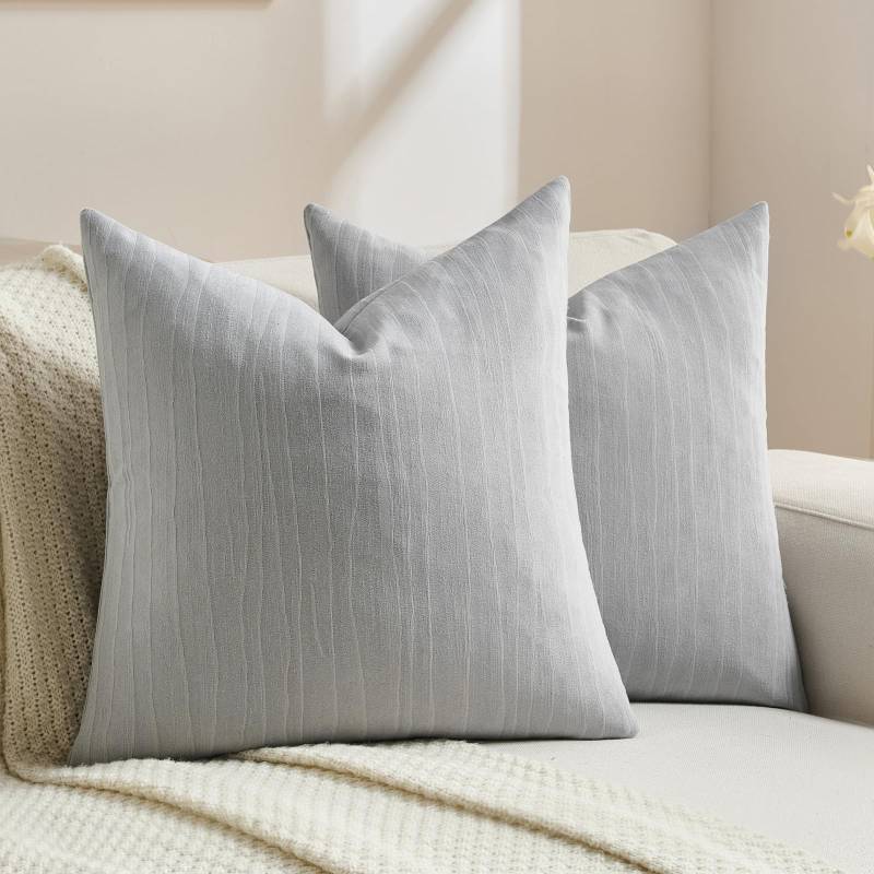 lot 36302 image: Light Grey Chenille Decorative Throw Pillow Covers 18x18 Inch Set of 2,Soft Crushed Striped Texture Cushion Case, Modern Home Decor for Couch Bed Living Room - Retail $8