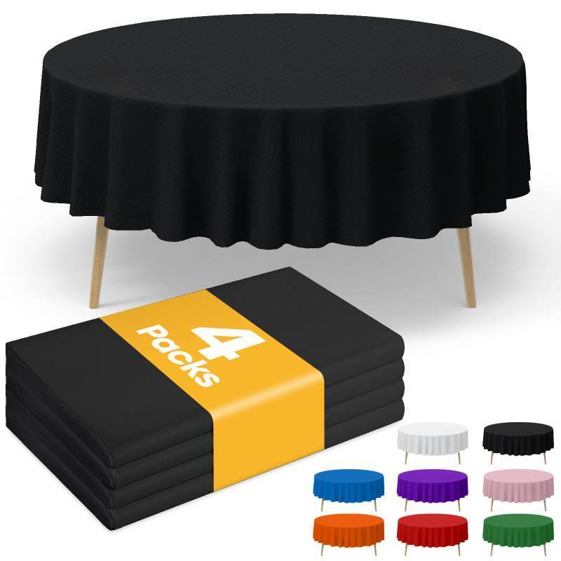 lot 36326 image: Black Plastic Table Cloth - 4 Pack 84 Round Disposable Tablecloths for Round Tables, Table Cover for Holiday Parties & Gatherings - Retail $9