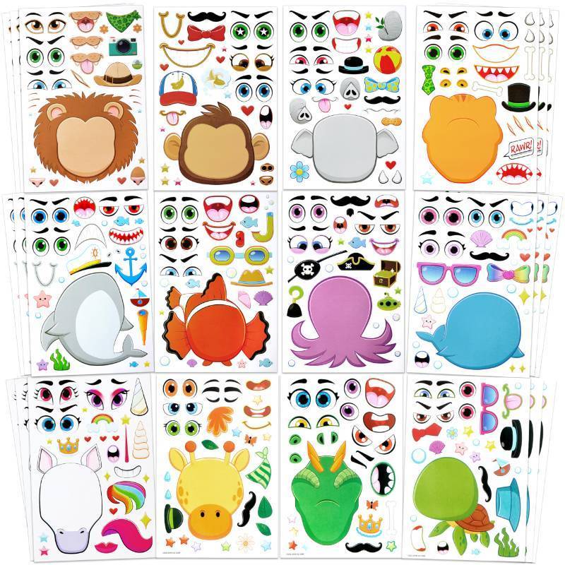 lot 36342 image: 36 Sheets 9x6 Make a face Stickers for Kids, Make Your Own Animal Stickers with Unicorn, Dinosaur, Sea and Safari Animals, Crafts Birthday Party Favors, Goodie Bags Classroom Activities - Retail $9
