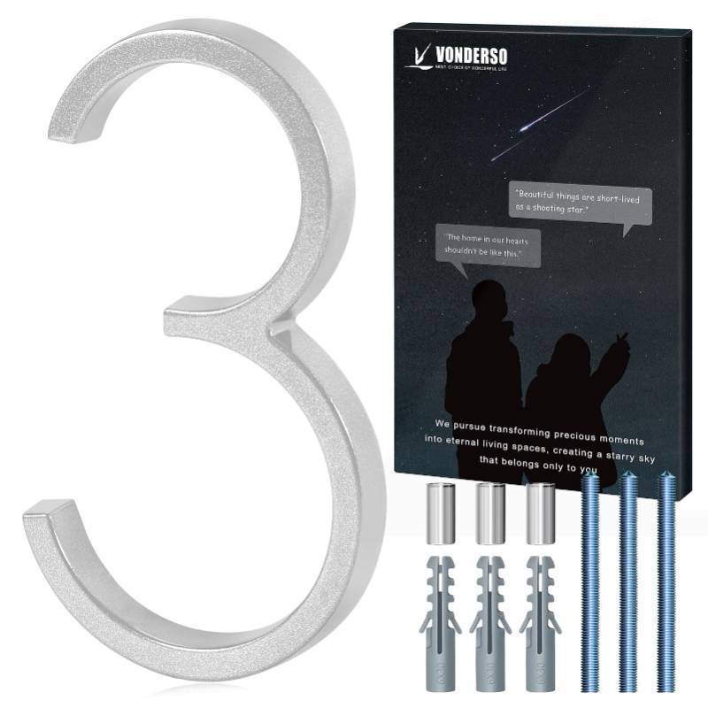lot 36375 image: 6 Inch Floating House Numbers for Outside, Modern Metal Address Number 3,Durable Weather-Resistant Silver Powder Coated Finish, No Fading- Retail $9