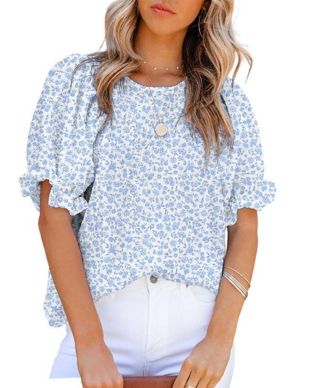 lot 36398 image: Summer Blouses for Women Tops Crew Neck Smocked Short Puff Sleeve Cute Boho Flowy Mini Tunic Tops Cute Floral Printed Blouses and Shirts for Juniors M Sky Blue - Retail $20