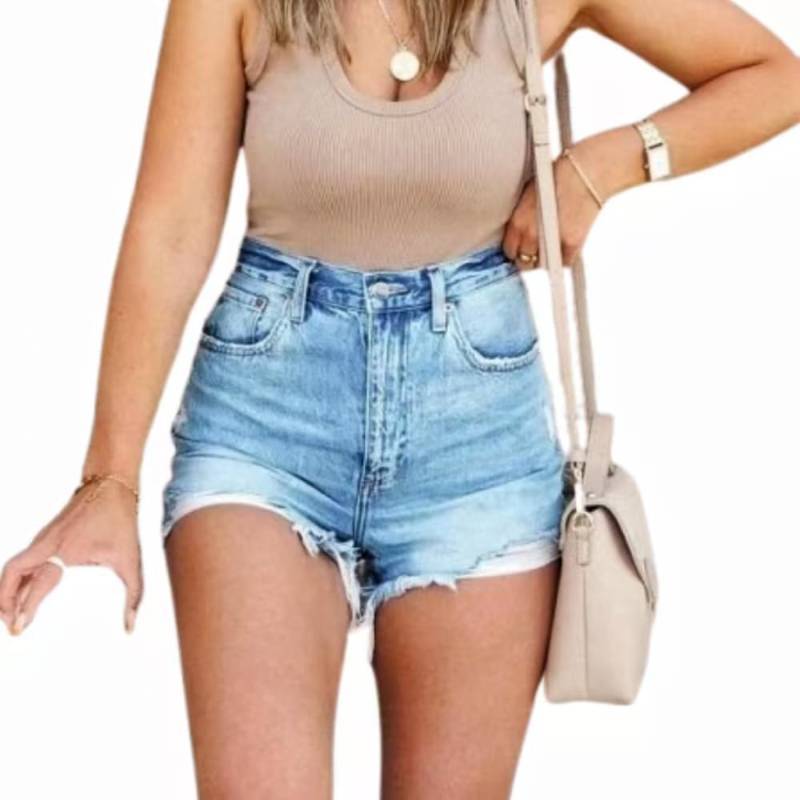 lot 36402 image: High Waisted Women Denim Shorts Frayed Raw Hem Ripped Jeans Shorts(Blue,L) - Retail $30