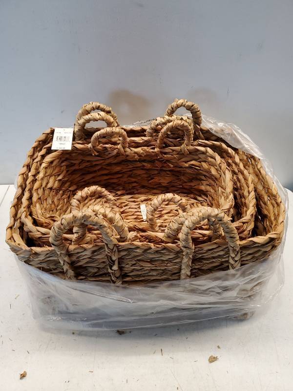 lot 36430 image: Natural Rush Woven Baskets, Rectangular Wicker Basket for Organizing Living Room, Storage Bathroom, Kitchen Decor, Kitchen Storage, 3 Pack - Retail $160